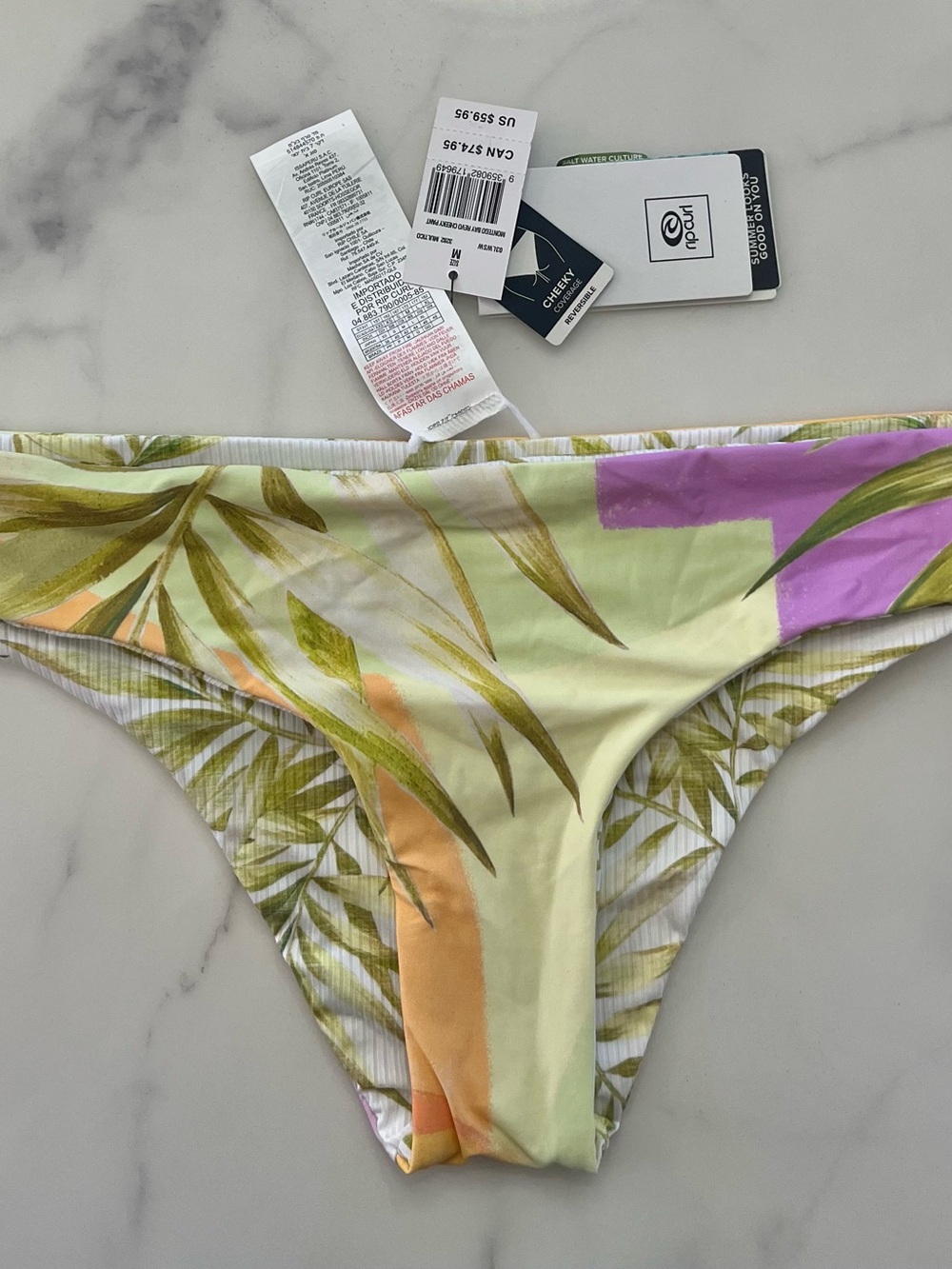Rip Curl Tropical Leaf Print Bikini Bottoms in Lime Green, Olive, Peach & Purple